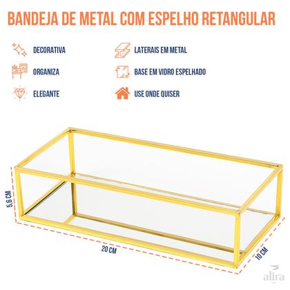 Imagem de Bandeja Espelhada Retangular Metal Decoração Lavabo Quarto Dourada 23x16cm Alira Home