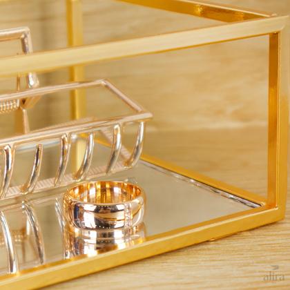 Imagem de Bandeja Espelhada Retangular Metal Decoração Lavabo Quarto Dourada 23x16cm Alira Home