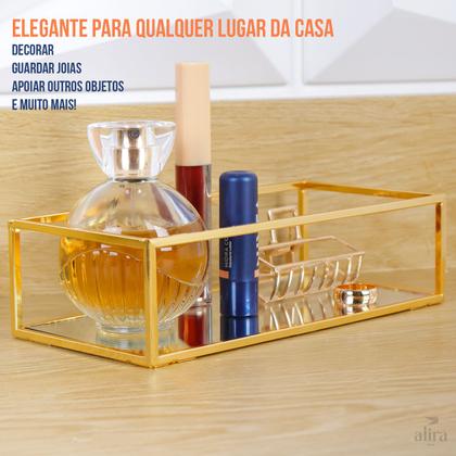 Imagem de Bandeja Espelhada Retangular Metal Decoração Lavabo Quarto Dourada 23x16cm Alira Home