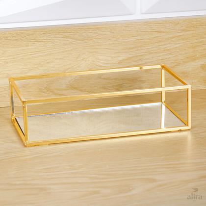 Imagem de Bandeja Espelhada Retangular Metal Decoração Lavabo Quarto Dourada 23x16cm Alira Home