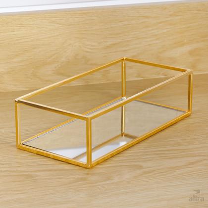 Imagem de Bandeja Espelhada Retangular Metal Decoração Lavabo Quarto Dourada 23x16cm Alira Home