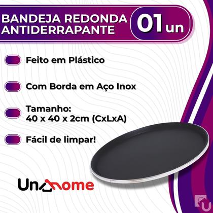 Imagem de Bandeja Redonda Antiderrapante De Plástico Borda Aço Inox Para Bar Restaurante Garçom 40cm Uny Home