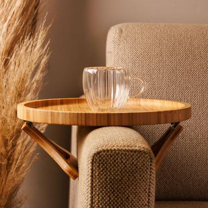 Imagem de Bandeja Redonda Dobrável Para Braço De Sofá Lyor 25cm Bambu