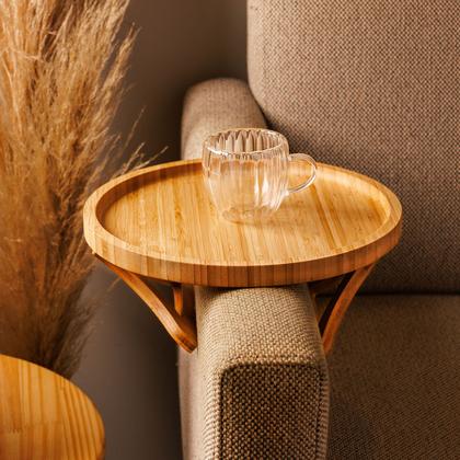 Imagem de Bandeja Redonda Dobrável Para Braço De Sofá Lyor 25cm Bambu