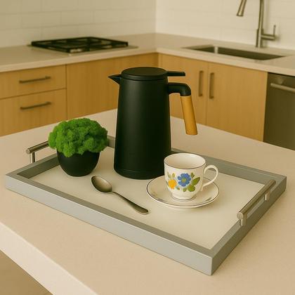 Imagem de Bandeja Retangular Café da Manhã com Alça Inox 25x46cm Champanhe/Branco