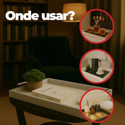 Imagem de Bandeja Retangular Café da Manhã com Alça Inox 25x46cm Champanhe/Branco