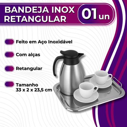 Imagem de Bandeja Retangular De Aço Inox Com Alça 33x23,5cm Para Servir Uny Home