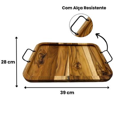 Imagem de Bandeja Retangular De Madeira Teca Com Alça Para Servir