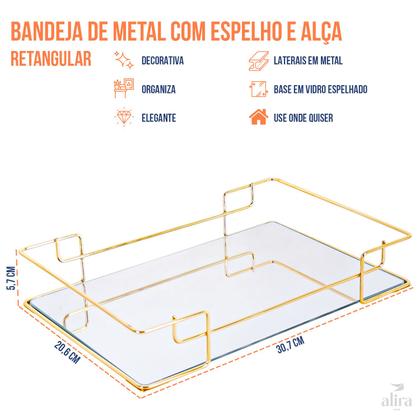 Imagem de Bandeja Retangular Espelhada Decorativa com Alças Dourada 30x20cm Alira Home