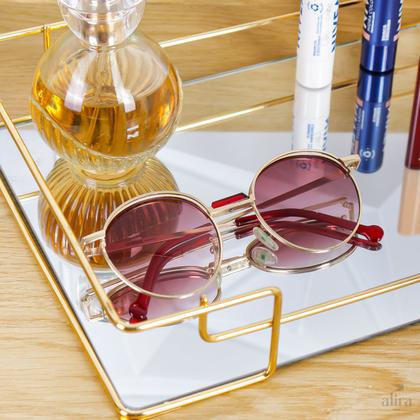 Imagem de Bandeja Retangular Espelhada Decorativa com Alças Dourada 30x20cm Alira Home