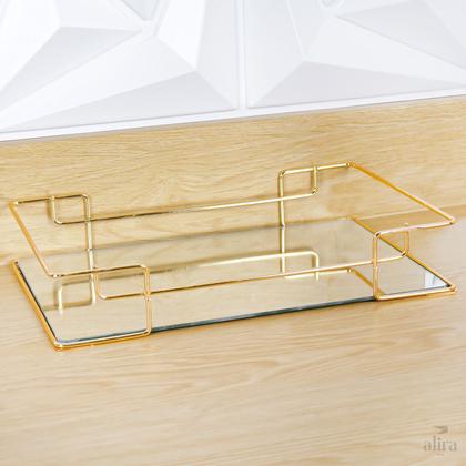 Imagem de Bandeja Retangular Espelhada Decorativa com Alças Dourada 30x20cm Alira Home