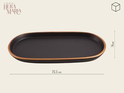 Imagem de Bandeja Retangular Oval Decorativa Decoração Lavabo Pia Banheiro Porta Cerâmica Preta Borda Dourada
