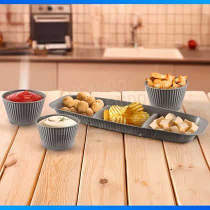 Imagem de Bandeja Retângular Petisqueira Plástico 3 Divisórias e Molheira 400ml