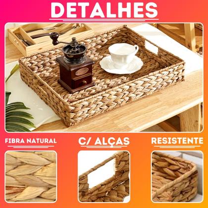 Imagem de Bandeja Retangular Seagrass Fibra Natural Grande Com Alça 40x30x6 Cm