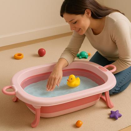 Imagem de Banheira Dobravel de Bebe com Suporte Rosa Snel Home