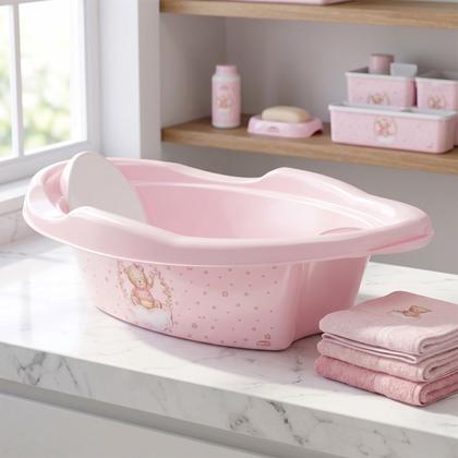 Imagem de Banheira Ergonômica Infantil Bebê Menina Banho 21L Com Válvula Escoamento