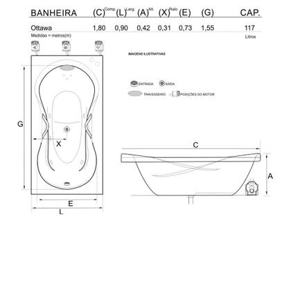 Imagem de Banheira Retangular Ottawa COMPLETA com hidro em acrílico