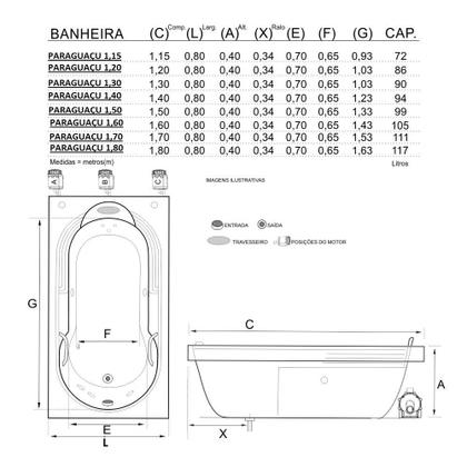 Imagem de Banheira Retangular Paraguaçu COMBATE com hidro em acrílico