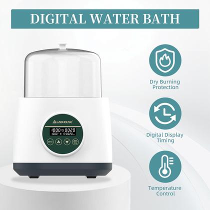 Imagem de Banho-maria digital LABHOUSE WB-2S com revestimento interno em aço inoxidável e revestimento preto em Teflon  Aquecimento e proteção dupla contra funcionamento a seco, 100C, precisão de 0,1C  Temporizador de 24 h para uso termostático em laboratório