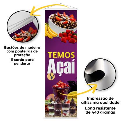 Imagem de Banner Faixa Lona Resistente Temos Açaí e Sorvete 100x30cm Alta Qualidade e Resolução Comunicação Visual Sorveteria Açaiteria Propaganda