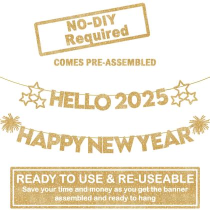 Imagem de Banner Feliz Ano Novo 2025 - 3m Glitter Dourado - KatChon