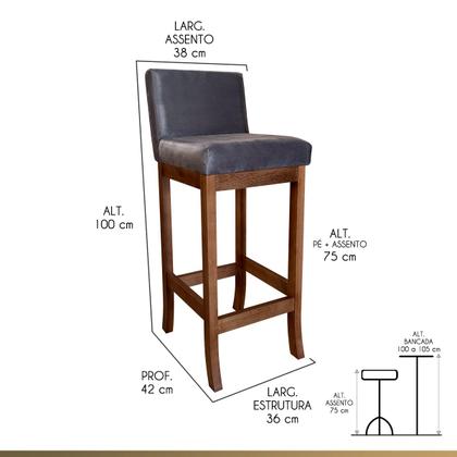 Imagem de Banqueta Alta Estofada com Encosto para Bancada 38 x 100 Cm Espanha Madeira Castanho Suede Cinza CCS