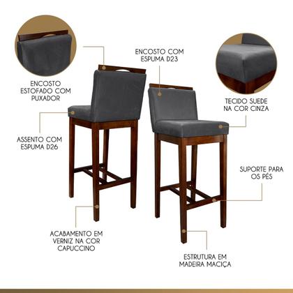 Imagem de Banqueta Alta para Bancada de Cozinha Líbia Madeira Capuccino Suede Cinza CCS