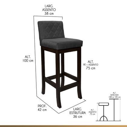 Imagem de Banqueta Alta para Cozinha Tóquio em Madeira Maciça Matelassê Suede Cinza CCS