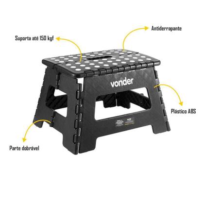 Imagem de Banqueta Banquinho Plástico Dobrável 22cm 150kg Preto Vonder