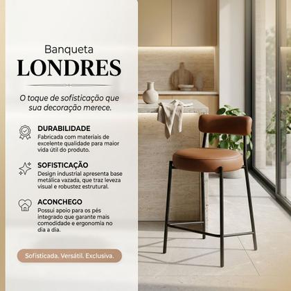 Imagem de Banqueta Cozinha Média com Encosto Industrial Preto Kit 4 Londres PU D03 - D Rossi