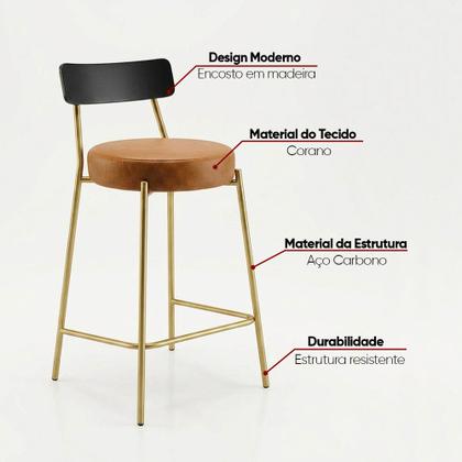 Imagem de Banqueta Cozinha Média Encosto Preto Kit3 Industrial Dourado Londrina PU D03 - D Rossi