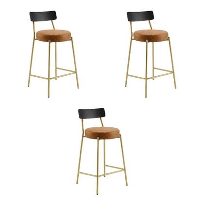 Imagem de Banqueta Cozinha Média Encosto Preto Kit3 Industrial Dourado Londrina PU D03 - D Rossi