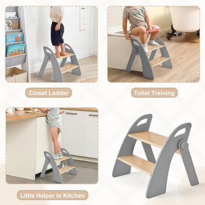 Imagem de Banqueta de 2 degraus Joothlin Wooden para banheiro infantil dobrável cinza