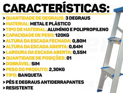 Imagem de Banqueta Escada Escadinha 3 Degraus Resistente Alumínio Dobrável Suporta Até 120kg Alumasa