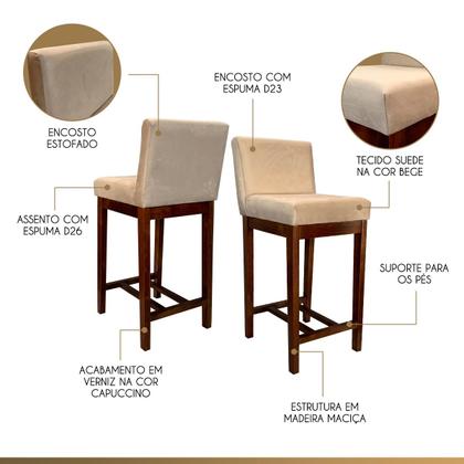 Imagem de Banqueta Média Estofada com Encosto Lisboa Madeira Capuccino Suede Bege CCS