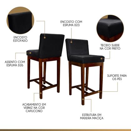 Imagem de Banqueta Média Estofada com Encosto Lisboa Madeira Capuccino Suede Preto CCS