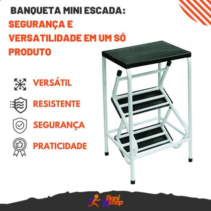 Imagem de banqueta mini escada branca dobrável com 3 degraus tubomax