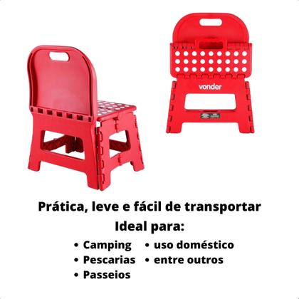 Imagem de Banqueta Plástica Dobrável Vermelha 32x25x42,8cm Antiderrapante com Alça e Encosto - Vonder 3540220002