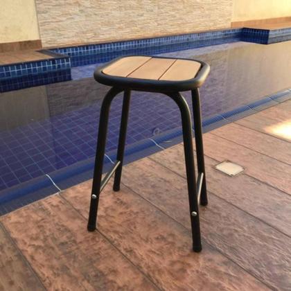 Imagem de Banquinho De Aço E Madeira Tamborete Preto Altura 46 Cm