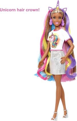 Imagem de Barbie Fantasy Hair Doll, Morena, com 2 Coroas Decoradas, 2 Tops e Acessórios para Aparências sereias e unicórnios, além de peças de penteados, para crianças de 3 a 7 anos, multi, modelo:GHN05