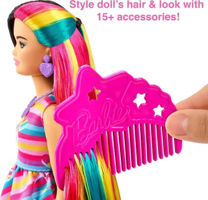 Imagem de Barbie Totalmente Cabelo Coração Temático Boneca, Petite, 8,5 polegadas Fantasy Hair, Vestido, 15 Acessórios de Cabelo & Moda (8 com característica de mudança de cor) para crianças de 3 anos de idade e up