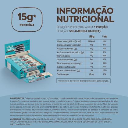 Imagem de Barra de Proteína 15g Cookies n Cream Zero Açúcar Vitanuts Caixa com 12 Unidades