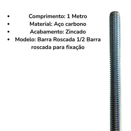 Imagem de Barra Roscada 1/2 Polegada x 1 Metro Metal Aço Carbono Zincada Serralheria Obras Telhas Coluna ZBR