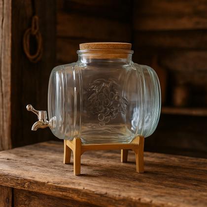 Imagem de Barril Para Cachaça Vinho Licor 5 Litros De Vidro Com Suporte em Madeira