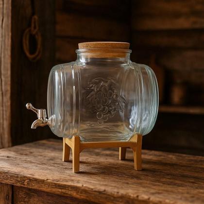 Imagem de Barril Para Cachaça Vinho Licor 5 Litros De Vidro Com Suporte Em Madeira