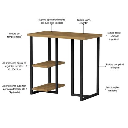 Imagem de barzinho cantinho do café escrivaninha mesa de estudo estilo industrial para apartamentos mali 76cm com prateleira tampo mdf home office