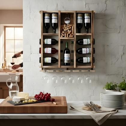 Imagem de Barzinho de Parede Adega de Madeira para 11 garrafas com porta rolhas e taças cor Rustica