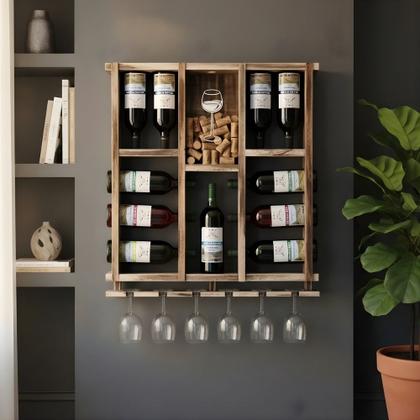 Imagem de Barzinho de Parede Adega de Madeira para 11 garrafas com porta rolhas e taças cor Rustica