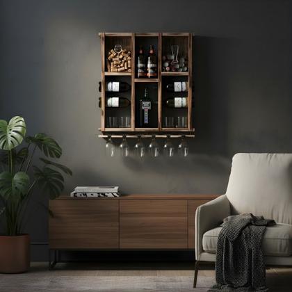 Imagem de Barzinho de Parede Adega de Madeira para 7 Garrafas com Porta Rolhas Tampinhas e Taças cor Rustica