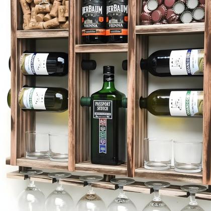 Imagem de Barzinho de Parede Adega de Madeira para 7 Garrafas com Porta Rolhas Tampinhas e Taças cor Rustica